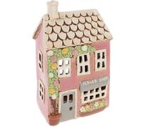 Lescale Furnishings Pink Ceramic Flower Shop Candle Holder - Country Cottage Tealight House Lantern with Rose Details - 23.5cm Tall - Romantic Home Décor Accent & Gift