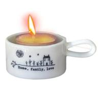 Lescale Furnishings Porcelain Tea Light Holder with Handle - “Home, Family, Love” Message - Gift Box with Tealight Included - Sentimental Home Decor Accent - White Ceramic Ornament (3x8x5.5cm)