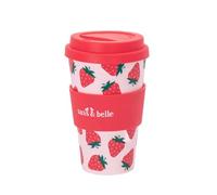 Lescale Furnishings Reusable Travel Coffee Cup - 400ml Eco-Friendly rPET Plastic Mug with Silicone Lid | Lightweight, Insulated & Stylish | Handmade-Look Sustainable Travel Mug (Stawberry)