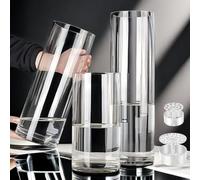 Lesediy 3 Large Acrylic Clear Cylinder Vase Set with 2 Spiral Ikebana Stem Holder Ring, Unbreakable Tall Plastic Hurricane Vases for Wedding Centerpieces Flower Bouquet Decor (3 Vases + 2 Holder)