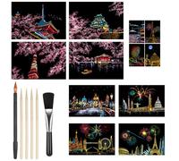 Leseogye 12 PCS Scratch Art Paper, Scratch Art for Adults with Scratching Tool Kit, Cherry Blossoms, World Famous Cities and Buildings(A5 Size)