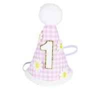 Leseogye 1st Birthday Hat for Baby Girls Boys, Pink and White Plaid Conical Cap with Daisy Pattern for First Birthday Party Decorations Girls Birthday Presents