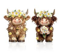 Leseogye 2 Pcs Highland Cow Gifts, Highland Cow Ornaments with Daisy Flower for Farmhouse, Friendship Gifts for Women, Decor for Home, Garden, Kitchen, Office and Tiered Tray Table Decor