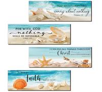 Leseogye 4 Pcs Coastal Christian Wall Art, Bible Verse Wall Art, Wood Blue Decor for Living Room, Bedroom, Beach House