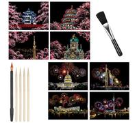 Leseogye 8 PCS Scratch Art Paper, Scratch Art for Adults with Scratching Tool Kit, Cherry Blossoms, World Famous Cities and Buildings(A4 Size)