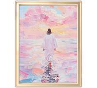 Leseogye Christian Wall Art, Pink Canvas Wall Art Jesus Walking on Water, Premium Canvas Print, Home Decor, Room Decor for Bedroom Church (40x30cm)
