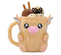 Leseogye Highland Cow 3D Printed Ice Cream Cone Holder with Drawer & 2 Spoons, Ice Cream Gift for Lovers (Beige)