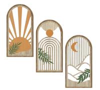 Leseogye Intrados Boho Wall Art Set of 3, Abstract Wall Art, Framed Wooden Wall Decor, Geometric Aesthetic Botanical Artwork, Room Decor for Bedroom Living Room Office