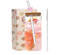 Leseogye Pink Bow Glass Cups with Lids and Straws, 16oz Elegant Iced Coffee Cup with Glass Straws with Bows, Versatile Tumbler for Cocktail, Coke, Soda