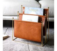 lesermoorer Plated Metal Wire and Leatherette Magazine Holder Rack, 2-Slot Standing Rack for Magazines, Books, Newspapers, Home Staging Decoration