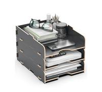 Lesfit Letter/File Tray, wooden Document Tray, Desk Organiser, A4 Format, 3 Layers stackable, Black