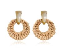 Leshanxing Bohemian Handmade Raffia Rattan Round Drop Dangle Earrings for Women, Lightweight Summer Beach Boho Woven Circle Statement, Cute Fun Versatile Earrings, big, Rattan Brass Acrylic, No