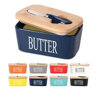 Lesige Ceramic Butter Dish with Wooden Lid, Large Butter Container Keeper Storage with Stainless Steel Butter Knife Spreader, Bamboo Cover and Silicone Sealing Ring for West East Coast Butter, Blue