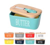 Lesige Ceramic Butter Dish with Wooden Lid, Large Butter Container Keeper Storage with Stainless Steel Butter Knife Spreader, Bamboo Cover and Silicone Sealing Ring for West East Coast Butter, Green