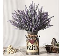 LESING Artificial Lavender Flowers with Vase Fake Lavender Plants in Decorative Metal Vase Rustic Vintage Flowers for Home Farmhouse Decoration (Faith,Purple)