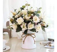 LESING Artificial Rose Flowers in Vase,Fake Silk Flower Bouquets with Ceramics Vase for Table Centerpieces Linning Roon Kitchen Decoration (Champagne)
