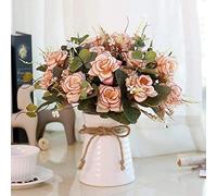LESING Artificial Rose Flowers in Vase,Fake Silk Flower Bouquets with Ceramics Vase for Table Centerpieces Linning Roon Kitchen Decoration (Pink)