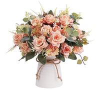 LESING Artificial Rose with Vase,Fake Silk Flowers Bouquets in Vase Table Centerpiece Arrangement for Kitchen Living Room (Pink-1)