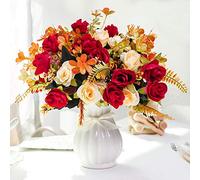LESING Artificial Silk Rose with Vase Fake Flowers Wedding Flowers Bouquets Arrangement Home Office Party Centerpiece Table Decoration (Red-1)