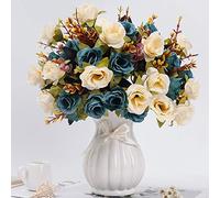 LESING Artificial Silk Rose with Vase Fake Flowers Wedding Flowers Bouquets Arrangement Home Office Party Centerpiece Table Decoration (Blue-1)