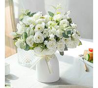 LESING Artificial Silk Rose with Vase Fake Flowers Wedding Flowers Bouquets Arrangement Home Office Party Centerpiece Table Decoration (White)