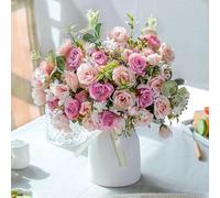 LESING Artificial Silk Rose with Vase Fake Flowers Wedding Flowers Bouquets Arrangement Home Office Party Centerpiece Table Decoration (Pink)