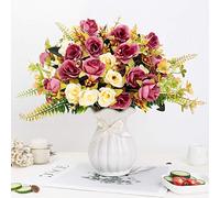 LESING Artificial Silk Rose with Vase Fake Flowers Wedding Flowers Bouquets Arrangement Home Office Party Centerpiece Table Decoration (Violet Red-1)