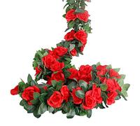LESING Rose Garlands Artificial Rose Vines, 4PCS(28.8FT) Fake Silk Flower Vines with Greenery Plants for Wedding Hanging, Home Office Arch, Garden Decoration (Red)