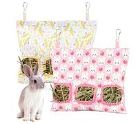 Lesnala 2pcs Bunny hay feeder Rabbit hay feeder bag Hanging guinea pig hay bag Large capacity cotton canvas fabric hay bag for Rabbits Bunny Chinchillas Hamsters and Other Small Pets(3 Holes,2 styles)