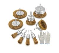 LESNIC 9 Pcs Wire Brush Set with Gloves, 1/4" Shank Drill Brush Kit | Brass coated cup wheel & end brushes, paint stripping, metal cleaning, rust removal drill attachment, safety gloves included