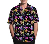 LESOCUSTOM 80s 90s Hawaiian Shirts for Men Vintage Button Down Short Sleeve Shirt, 80s Outfit Party Disco Beach Shirts, 80s90s Memphis Black, XL