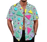 LESOCUSTOM 80s 90s Hawaiian Shirts for Men Vintage Button Down Short Sleeve Shirt, 80s Outfit Party Disco Beach Shirts, 80s90s Memphis Blue, Medium