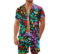 LESOCUSTOM 80s 90s Men's Hawaiian Outfits 2 Piece Shirt and Shorts Sets Button Down Beach Suits Disco Party, Neon Tie Dye, XX-L
