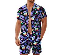 LESOCUSTOM Mushroom Outfits for Men 2 Piece Hawaiian Shirt and Shorts Sets Button Down Beach Suits Disco Funny Party, Large
