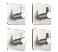 lesoe Heavy Duty Adhesive Hooks, Bathroom Hooks 4 Pack, SUS304 Stainless Steel Strong Strips Stick for Doors, Bathroom Kitchen Hanging Hats, Coats, Clothes, Wall Hangers Without Nail (4, Silver)