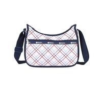 LeSportsac Modern Tattersall Classic Hobo Crossbody Bag + Cosmetic Bag, Style 7520/Color E839, Classic Navy & Bold Red Unite on Crisp White Bag, Modern Lilac Accent, Fun Interpretative Tartan Plaid,