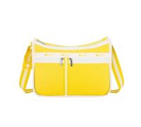 LeSportsac Spectator Freesia Deluxe Everyday Crossbody Bag + Cosmetic Bag, Style 7507/Color E848, Tropical Vibrant Golden Sunshine & Crisp White Unite Evoking Joy & Positivity, 2 Tone Trim/Strap,