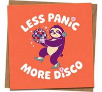 Less Panic More Disco Sloth Greeting Card - Funny Square 145mm x 145mm, Orange Retro Disco Ball Design, Includes Kraft Envelope - Birthday, Encouragement, Just Because Card