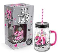 Lesser & Pavey 21st Birthday Cocktail Drinking Mason Jar With Metal Lid Glass Handle and Pink/White Straw 500ml - Lovely 21st Birthday Gift Idea