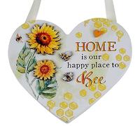 Lesser & Pavey Bee Happy Sunflower Wooden Heart Shaped Plaque Hanging Door Decor Summer Floral
