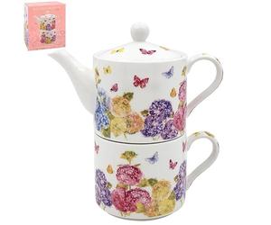 LESSER & PAVEY Ceramic Tea for One Single Serve Tea Set Butterfly Blossom Floral Pink Design