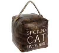 Faux Leather Distressed Vintage Cube Door Stop Complete with Rope Handle "A Spoiled Cat Lives Here" Heavy Door Stopper