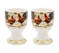 LESSER & PAVEY Eggs Cups Ceramic Fine China Cockerel & Hen Kitchen Tableware Farm Print Design