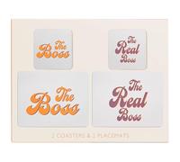 Lesser & Pavey His N Hers Boss & Real Boss Coaster X 2 And Placemats X 2 Set For Kitchen & Home | Durable Table Mats and Coasters For Daily Use | Decorative Table Accessories Gifts for Women & Men
