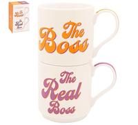 Lesser & Pavey His N Hers Boss & Real Boss Stacking Mugs Set of 2 275ml for Coffee, Tea and Hot Drinks | Fine China Coffee Mugs for Daily Use | Practical Drinkware Gifts for Women & Men