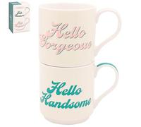 Lesser & Pavey His N Hers Hello Handsome & Hello Gorgeous Stacking Mugs Set Of 2 275ml for Coffee, Tea and Hot Drinks | Fine China Coffee Mugs for Daily Use | Practical Drinkware Gifts for Women & Men