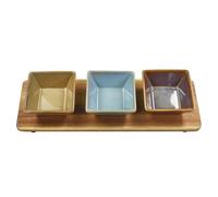 Lesser & Pavey Snack Dishes & Wood Trays for Food Serving | Wood Snacks Serving Platter with Bowls | Colourful Designers Round and Square Wood Blue Maroon S3 Food Serving Tray - Elements