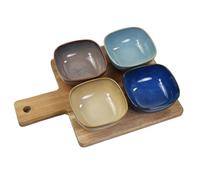Lesser & Pavey Snack Dishes & Wood Trays for Food Serving | Wood Snacks Serving Platter with Bowls | Colourful Designers Round and Square Food Serving Tray Set of 4 - Elements