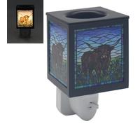 Lesser & Pavey Stained Glass Plug In Highland Cow Aroma Lamp | Stained glass plug-in aroma lamp featuring a Highland Cow design and 3-pin plug for decorative home lighting.