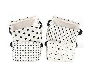LessMo 4 Pack Storage Baskets, Collapsible Mini Storage Boxes, Canvas Fabric Waterproof Storage Bins made from Cotton and Linen, for Toys, Bathroom, Closets, Playroom (BLACK-SPOT, Thick fabric)